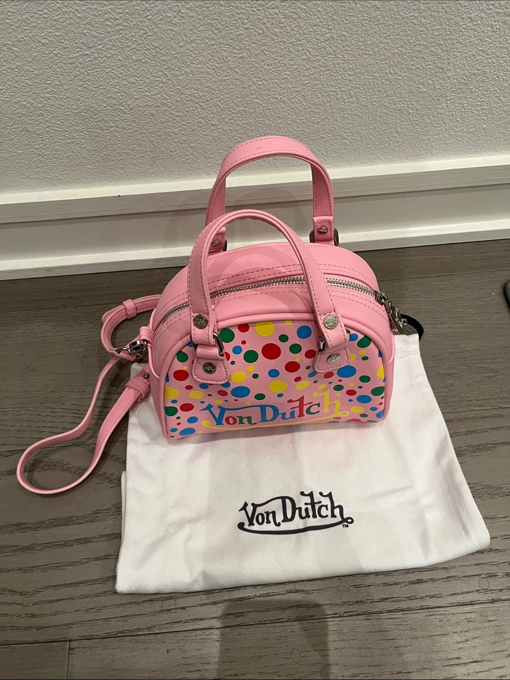 Y2K Von Dutch Pink Polka Dot Mini Crossbody Satchel